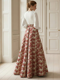 2 Pieces Mixed Jacquard A-Line V-Neck Long Sleeve Long Evening Dresses with Slit