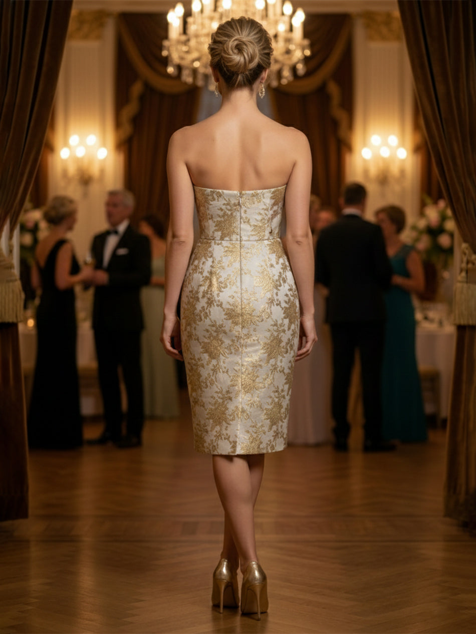 Jacquard Sheath Strapless Ruched Knee-Length Evening Dresses with Bow