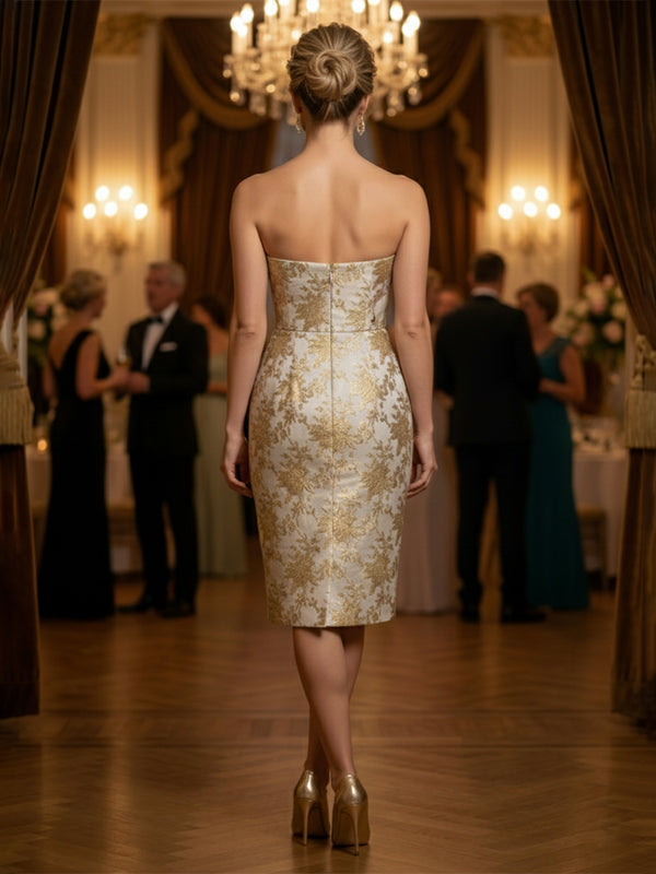 Jacquard Sheath Strapless Ruched Knee-Length Evening Dresses with Bow