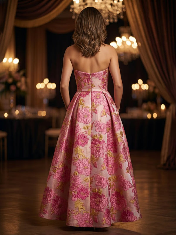 Jacquard A-Line Strapless Ruched Ankle-Length Evening Dresses with Pockets