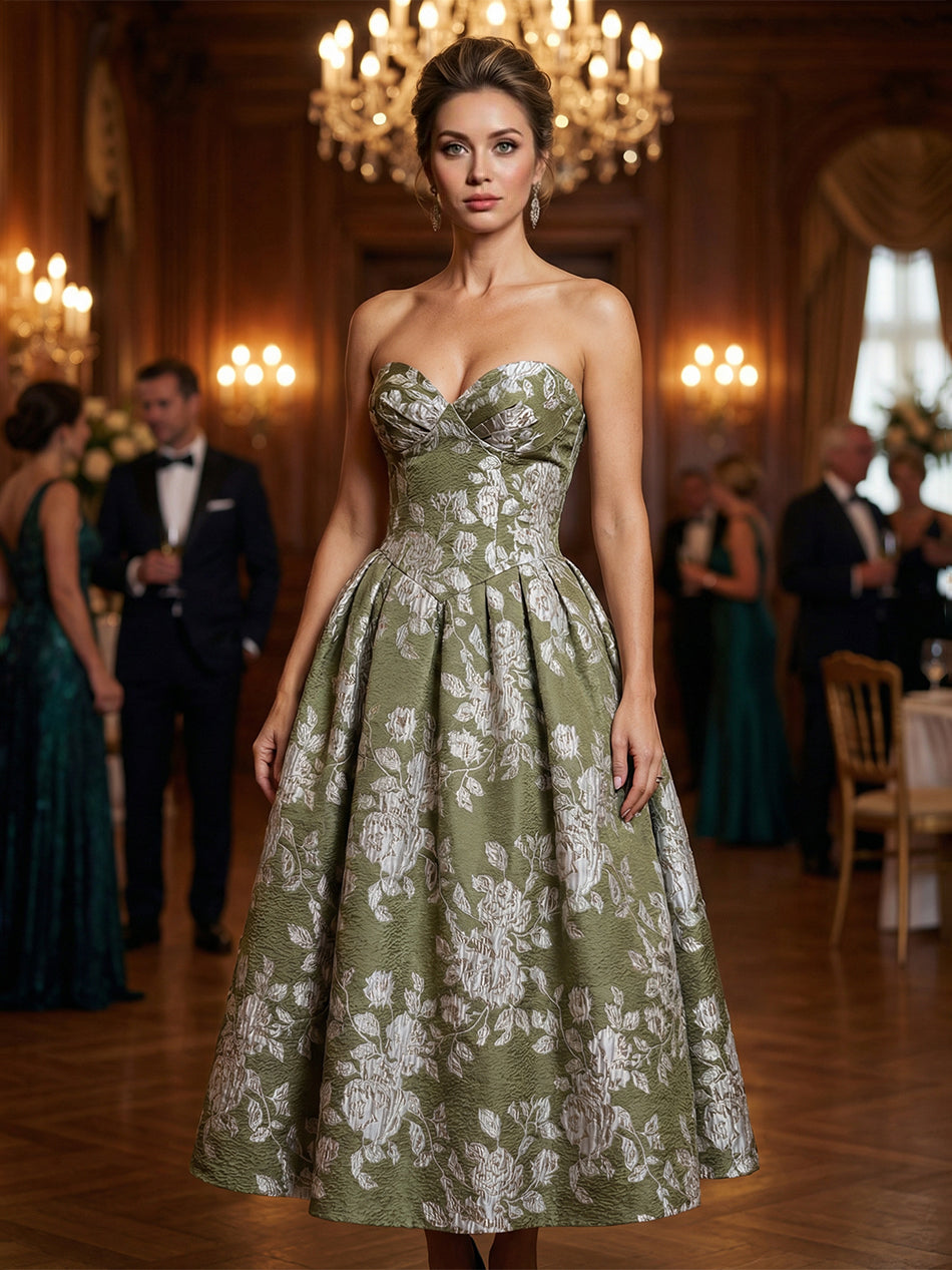 Jacquard A-Line Strapless Corset Tea-Length Evening Dresses with Pockets