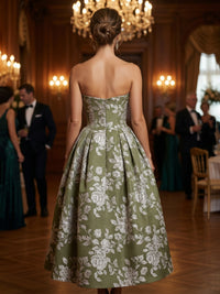 Jacquard A-Line Strapless Corset Tea-Length Evening Dresses with Pockets