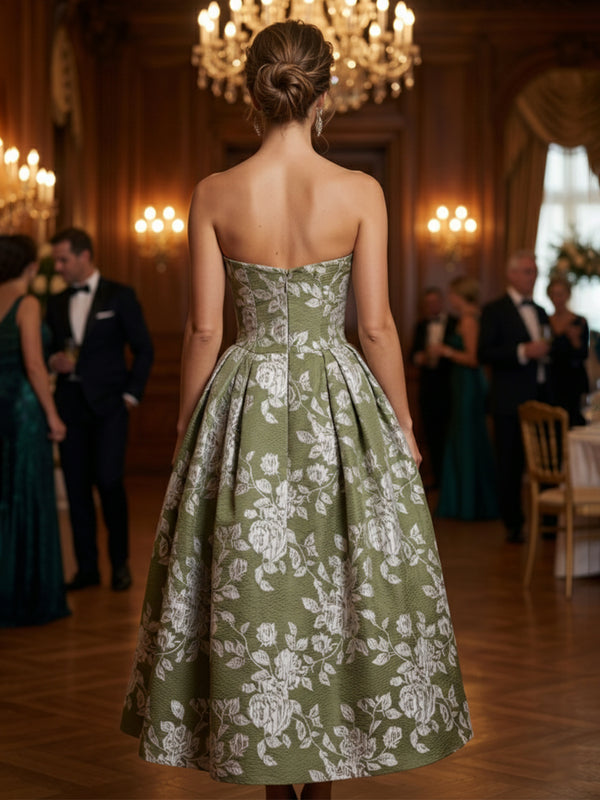 Jacquard A-Line Strapless Corset Tea-Length Evening Dresses with Pockets