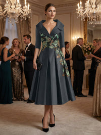 Satin A-Line Shirt V-Neck Tea-Length Mother of the Bride Dresses with Lace Applique