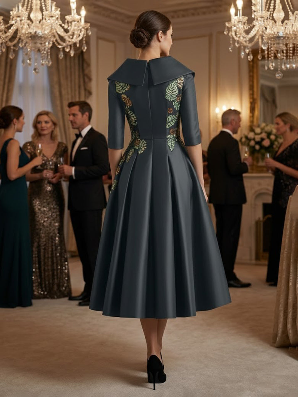 Satin A-Line Shirt V-Neck Tea-Length Mother of the Bride Dresses with Lace Applique