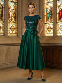 Silk Satin A-Line Cap Sleeve Round Neck Midi Mother of the Bride Dresses with Sequin Applique