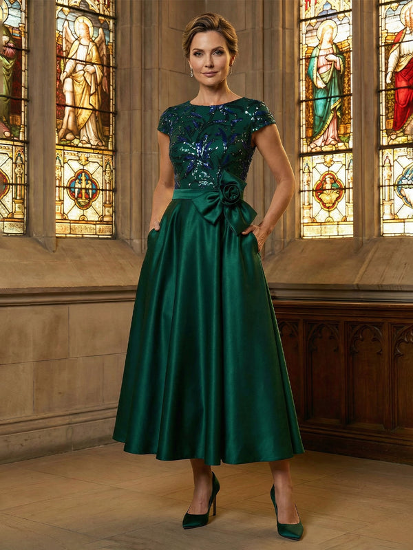 Silk Satin A-Line Cap Sleeve Round Neck Midi Mother of the Bride Dresses with Sequin Applique