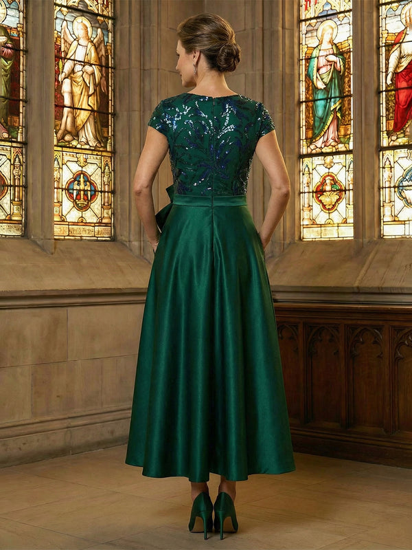 Silk Satin A-Line Cap Sleeve Round Neck Midi Mother of the Bride Dresses with Sequin Applique