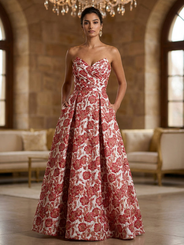 Jacquard A-Line Sweetheart Ruched Maxi Formal Evening Dresses with Pockets