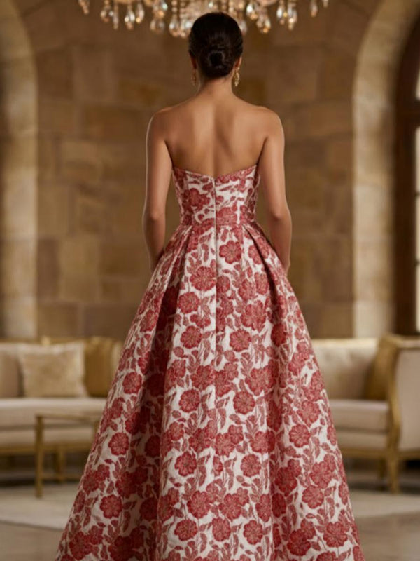 Jacquard A-Line Sweetheart Ruched Maxi Formal Evening Dresses with Pockets