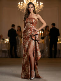 Jacquard Sheath Strapless Ruched Maxi Formal Evening Dresses with Ruffle High Slit