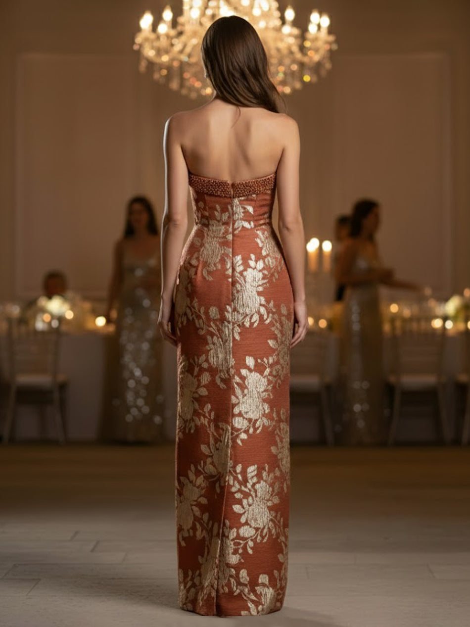 Jacquard Sheath Strapless Ruched Maxi Formal Evening Dresses with Ruffle High Slit