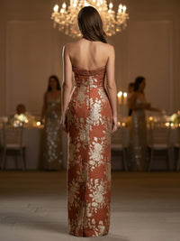 Jacquard Sheath Strapless Ruched Maxi Formal Evening Dresses with Ruffle High Slit