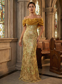 Floral Sequin Mermaid Off-Shoulder Ruched Long Evening Dresses