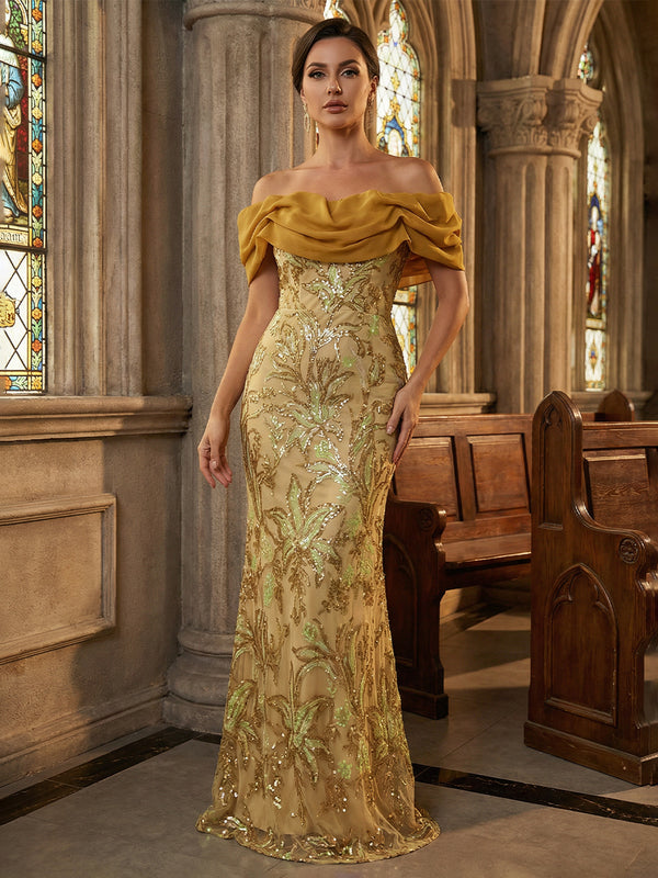 Floral Sequin Mermaid Off-Shoulder Ruched Long Evening Dresses