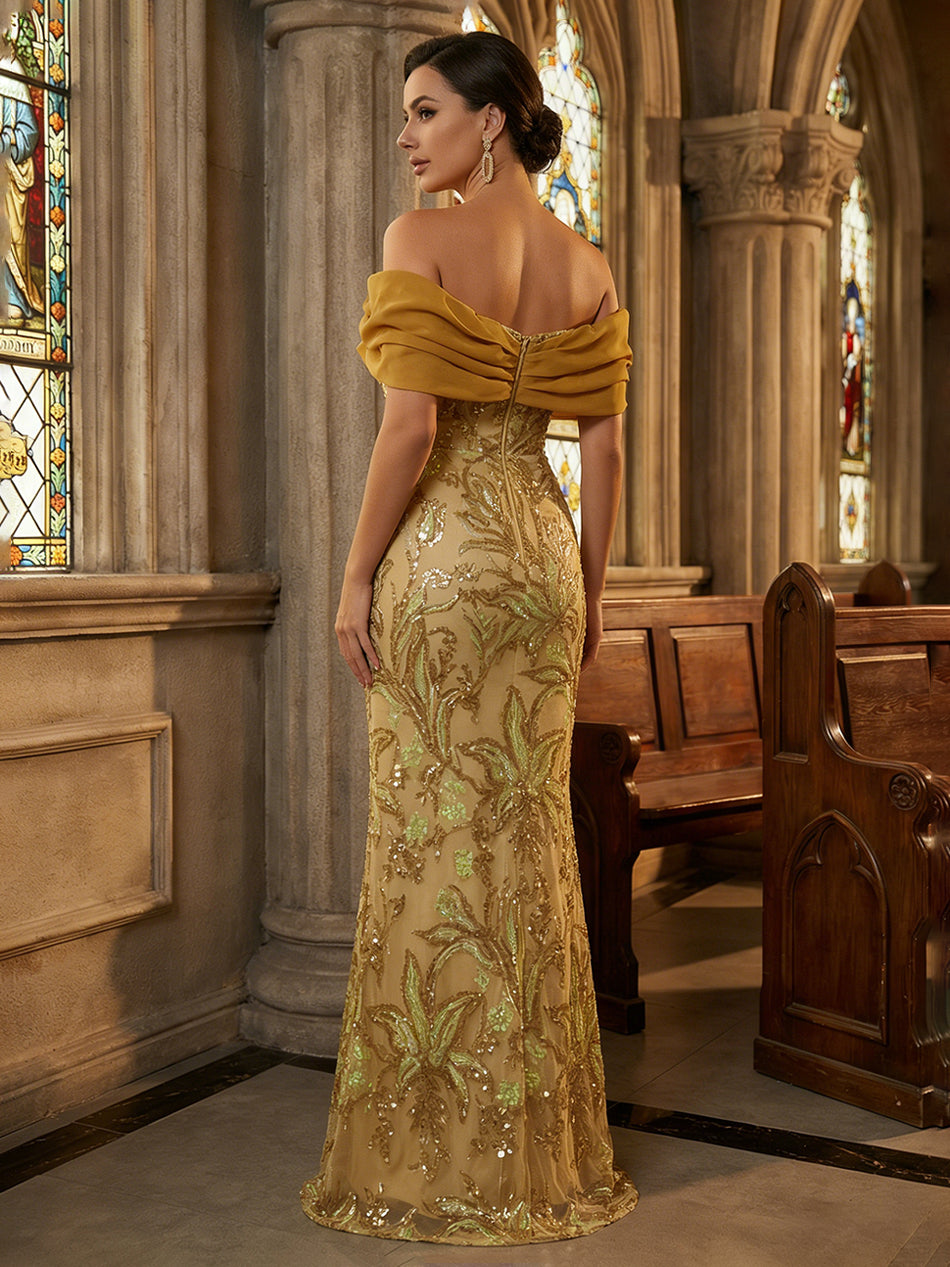 Floral Sequin Mermaid Off-Shoulder Ruched Long Evening Dresses