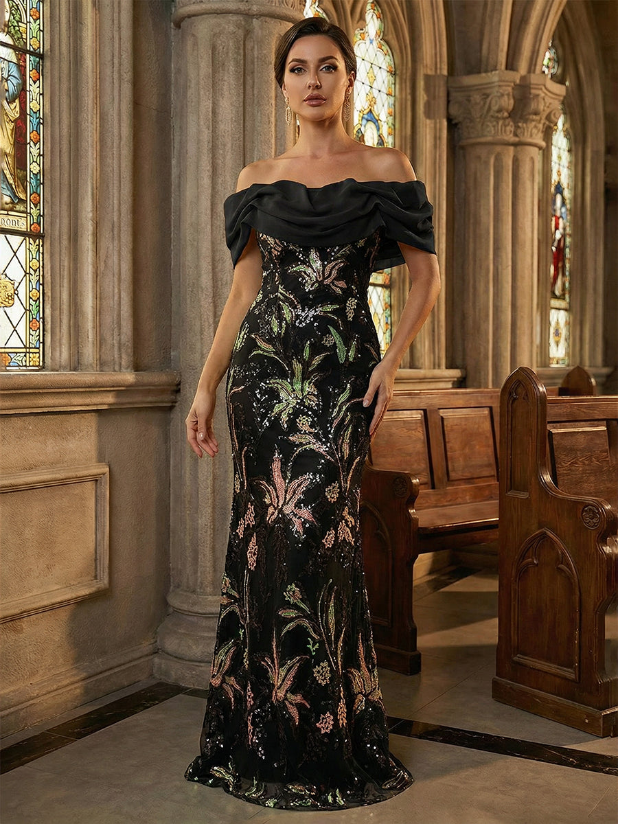 Floral Sequin Mermaid Off-Shoulder Ruched Long Evening Dresses