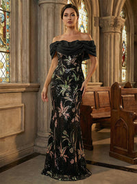 Floral Sequin Mermaid Off-Shoulder Ruched Long Evening Dresses
