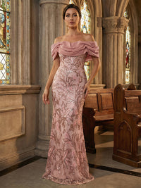 Floral Sequin Mermaid Off-Shoulder Ruched Long Evening Dresses