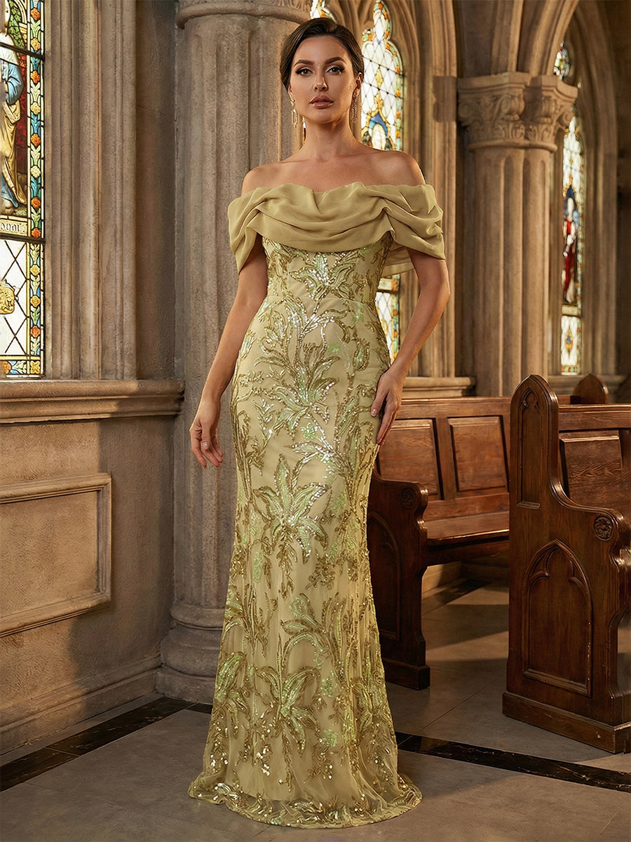 Floral Sequin Mermaid Off-Shoulder Ruched Long Evening Dresses