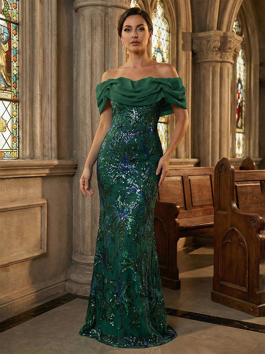 Floral Sequin Mermaid Off-Shoulder Ruched Long Evening Dresses
