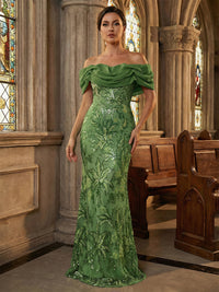 Floral Sequin Mermaid Off-Shoulder Ruched Long Evening Dresses