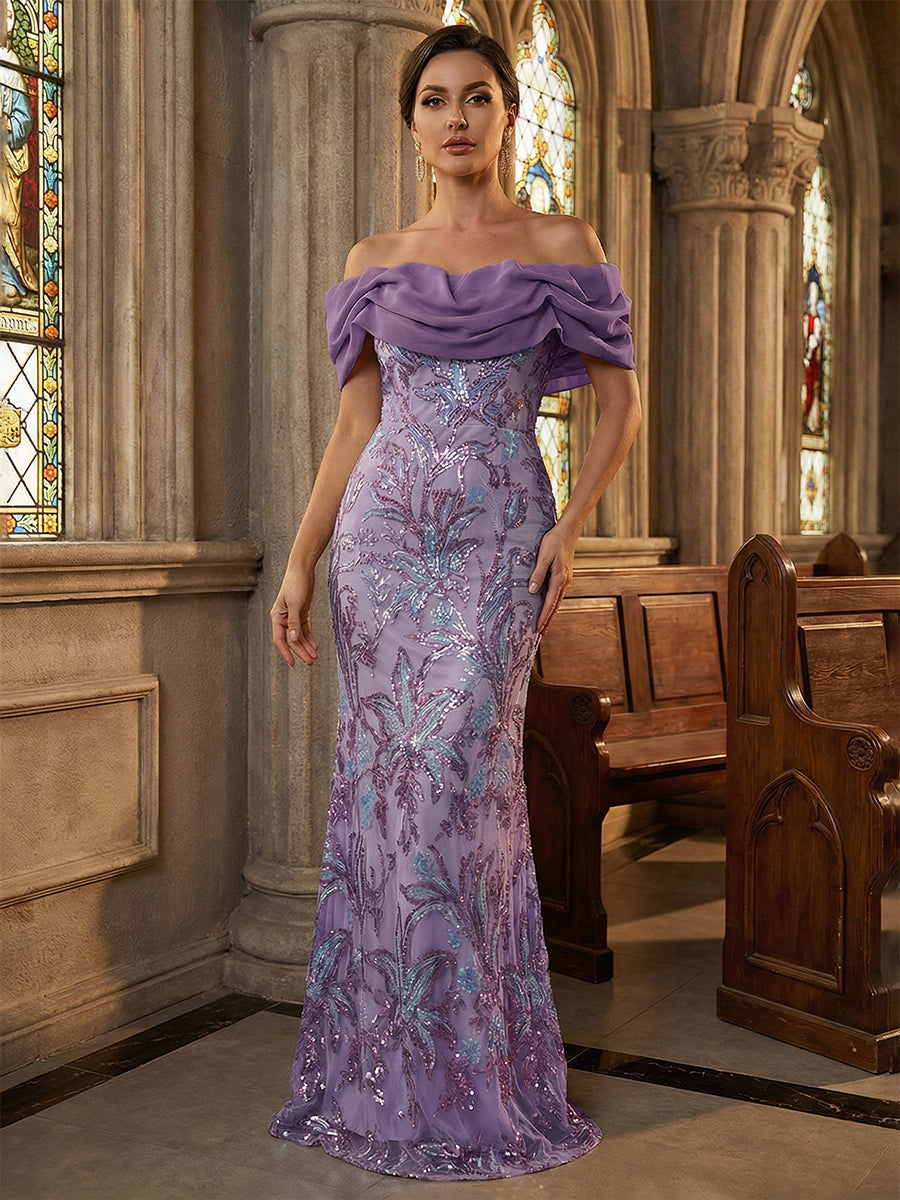Floral Sequin Mermaid Off-Shoulder Ruched Long Evening Dresses