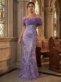 Floral Sequin Mermaid Off-Shoulder Ruched Long Evening Dresses