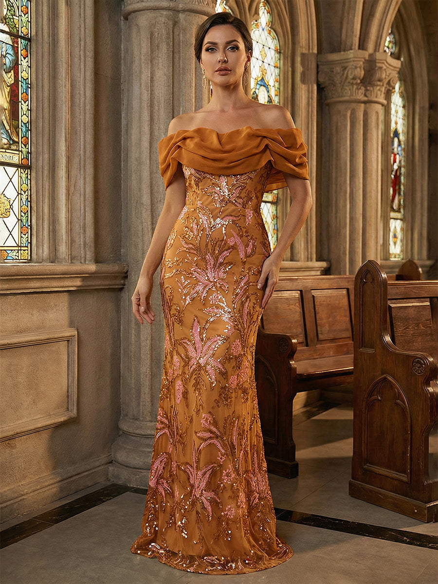 Floral Sequin Mermaid Off-Shoulder Ruched Long Evening Dresses