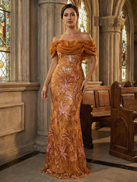Floral Sequin Mermaid Off-Shoulder Ruched Long Evening Dresses