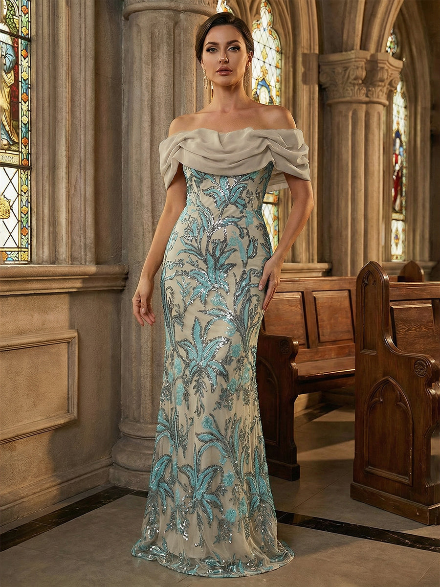 Floral Sequin Mermaid Off-Shoulder Ruched Long Evening Dresses