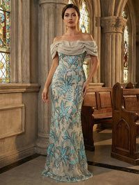 Floral Sequin Mermaid Off-Shoulder Ruched Long Evening Dresses