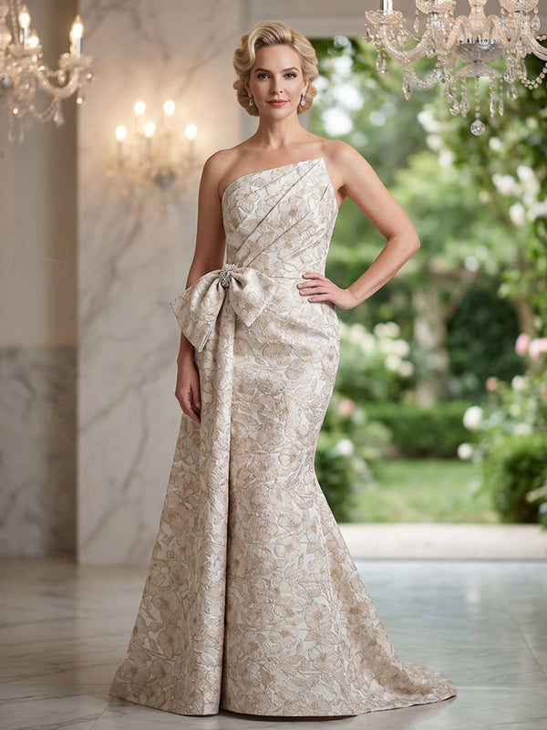 Jacquard Mermaid Asymmetrical Neck Ruched Maxi Evening Dresses with Bow