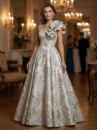 Floral Jacquard A-Line V-Neck Long Evening Dresses with Ruffle Applique