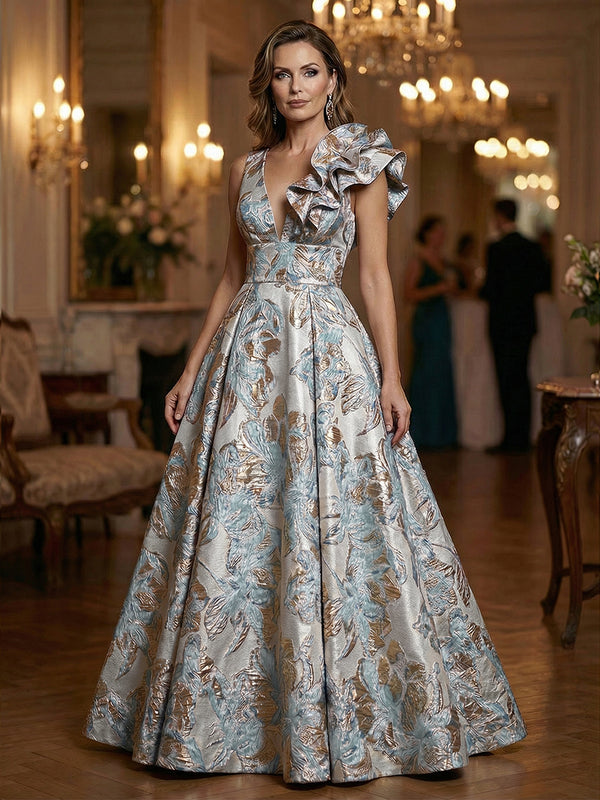 Floral Jacquard A-Line V-Neck Long Evening Dresses with Ruffle Applique