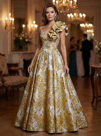 Floral Jacquard A-Line V-Neck Long Evening Dresses with Ruffle Applique