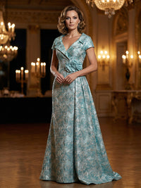 Floral Jacquard A-Line V-Neck Short Sleeve Maxi Mother of the Bride Dresses with 3D Flower