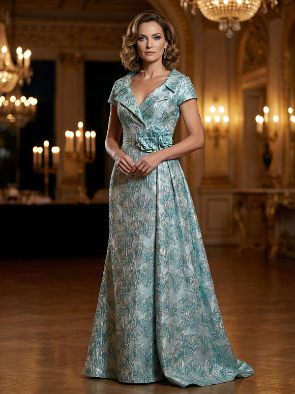 Floral Jacquard A-Line V-Neck Short Sleeve Maxi Mother of the Bride Dresses with 3D Flower