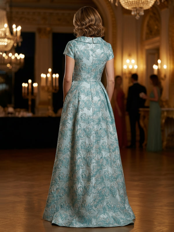Floral Jacquard A-Line V-Neck Short Sleeve Maxi Mother of the Bride Dresses with 3D Flower