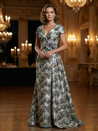 Floral Jacquard A-Line V-Neck Short Sleeve Maxi Mother of the Bride Dresses with 3D Flower