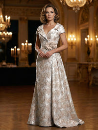 Floral Jacquard A-Line V-Neck Short Sleeve Maxi Mother of the Bride Dresses with 3D Flower