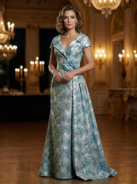 Floral Jacquard A-Line V-Neck Short Sleeve Maxi Mother of the Bride Dresses with 3D Flower