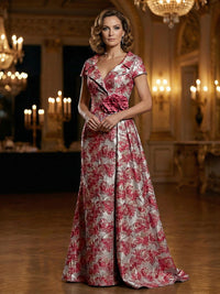 Floral Jacquard A-Line V-Neck Short Sleeve Maxi Mother of the Bride Dresses with 3D Flower