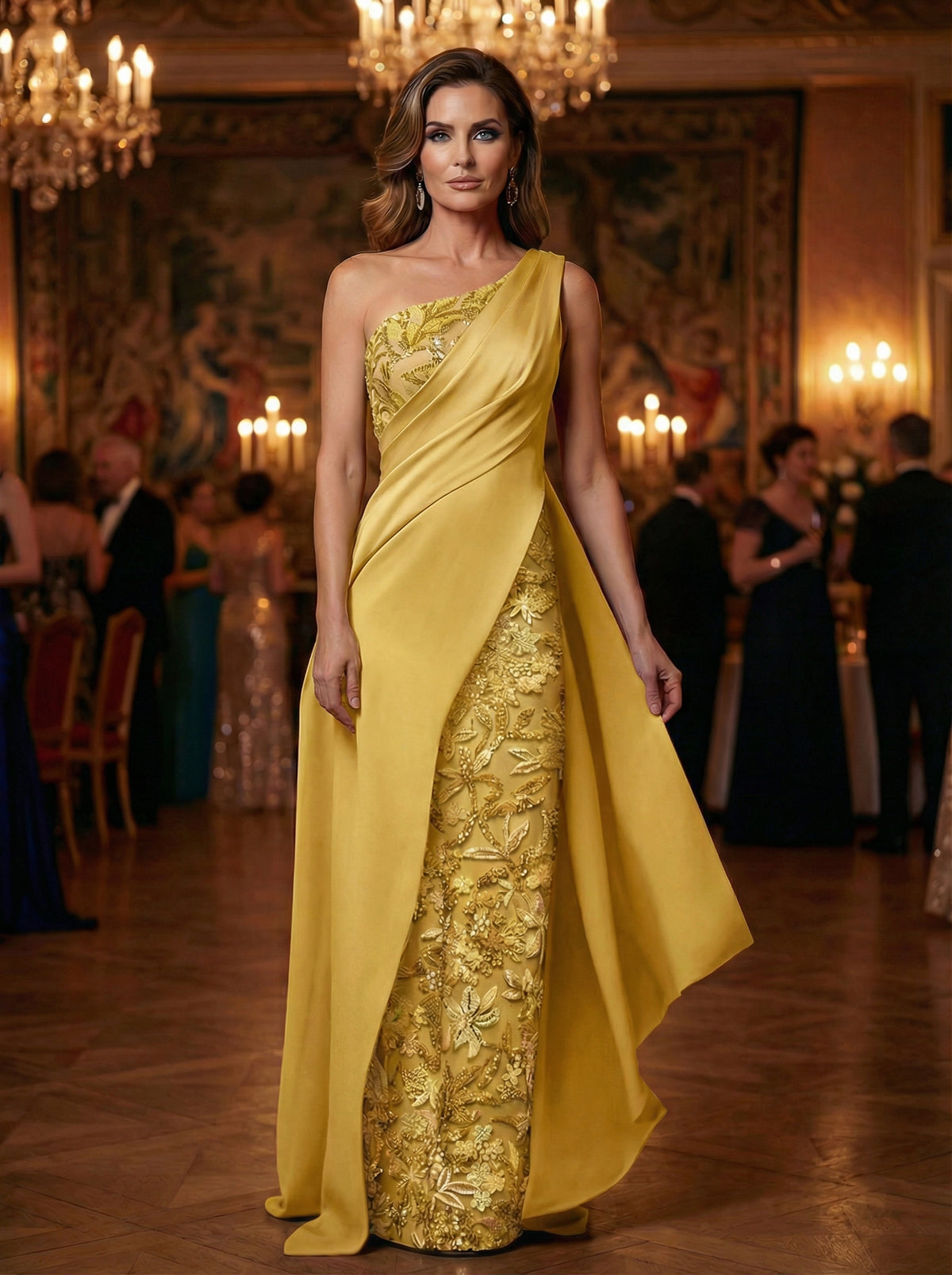 Sequin Appliques Sheath One-Shoulder Ruched Long Evening Dresses with Ruffle Train