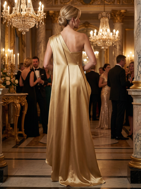 Sequin Appliques Sheath One-Shoulder Ruched Long Evening Dresses with Ruffle Train