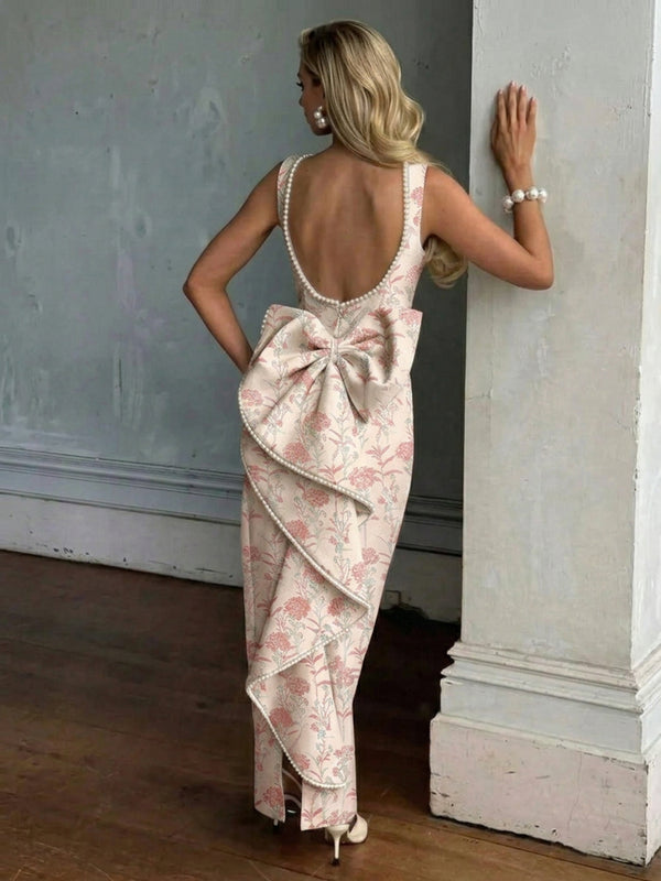 Jacquard Sheath Scoop Neck Ruffle Maxi Evening Party Dress with Pearl