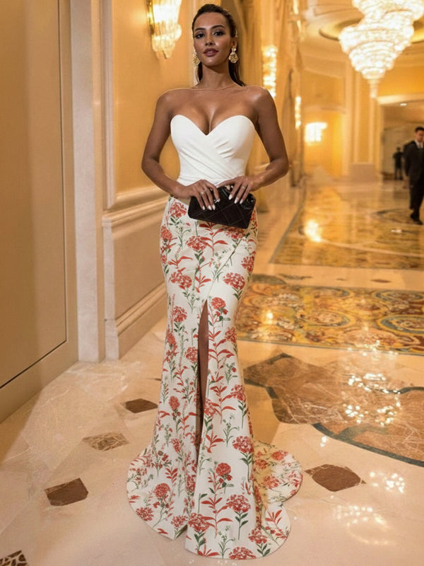 Jacquard Mermaid Sweetheart Neck Maxi Evening Party Dress Strapless Party Gowns with Slit