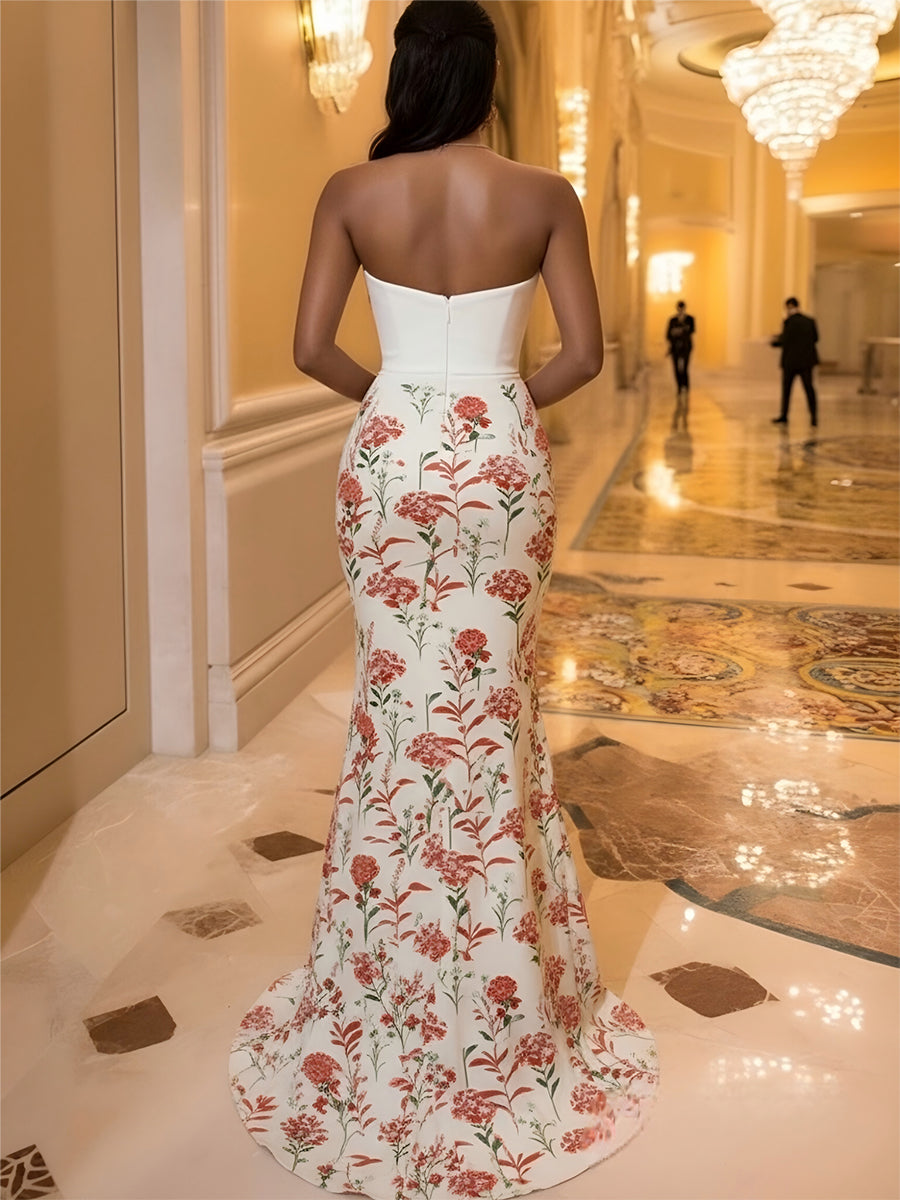 Jacquard Mermaid Sweetheart Neck Maxi Evening Party Dress Strapless Party Gowns with Slit