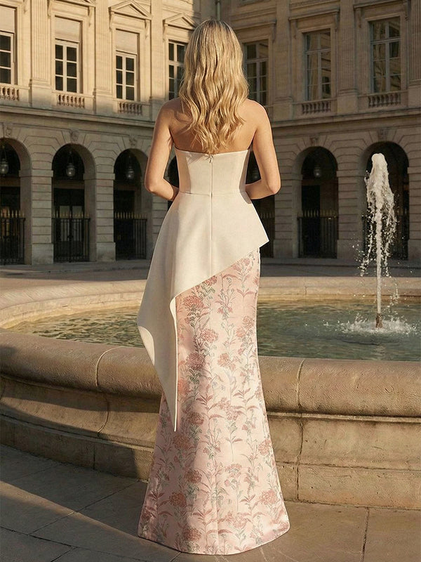 Jacquard Mermaid Sweetheart Neck Maxi Evening Party Dress with Asymmetrical Ruffle