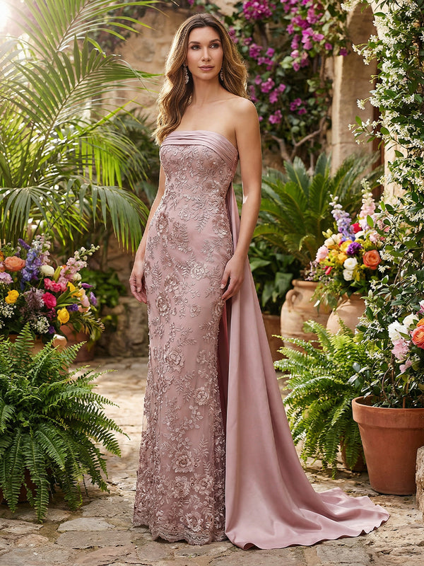 Sheath Lace Appliques Strapless Maxi Evening Dresses with Satin Sweep Train
